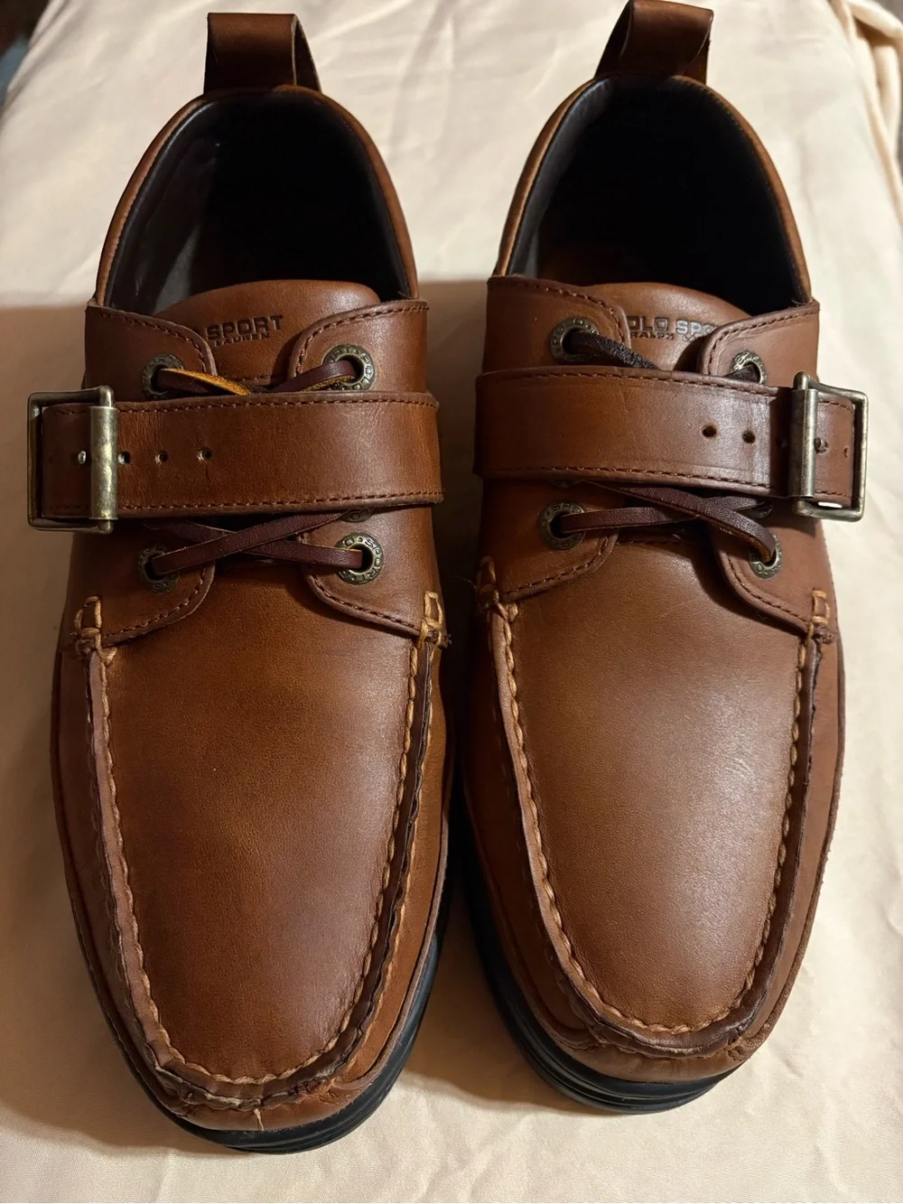 Polo Sport Men's Brown Leather Boat Shoes with Buckle Strap. Size 10.5
